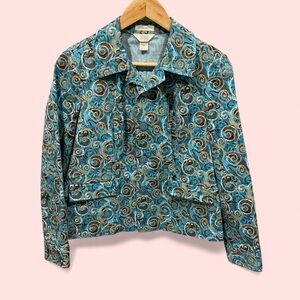 Cute aqua swirl cotton canvas jacket pockets chunky buttton front stretch